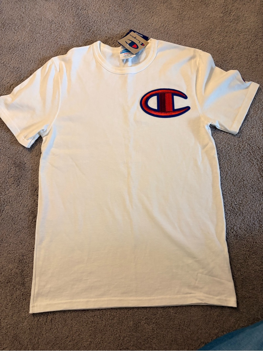 Champion White T-Shirt with Red & Blue Crest